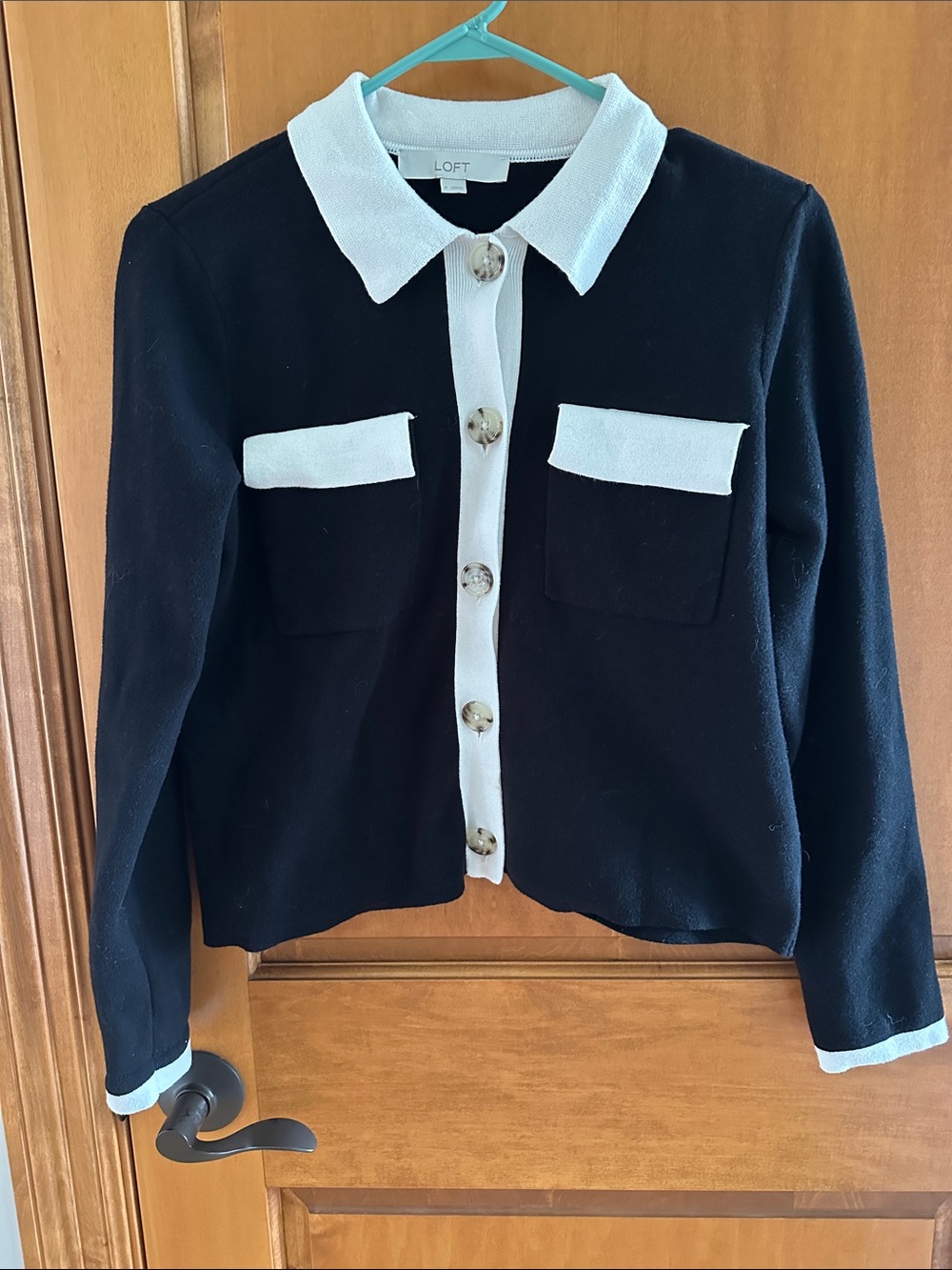 LOFT Tipped Collared Sweater Cardigan Jacket Black White Small